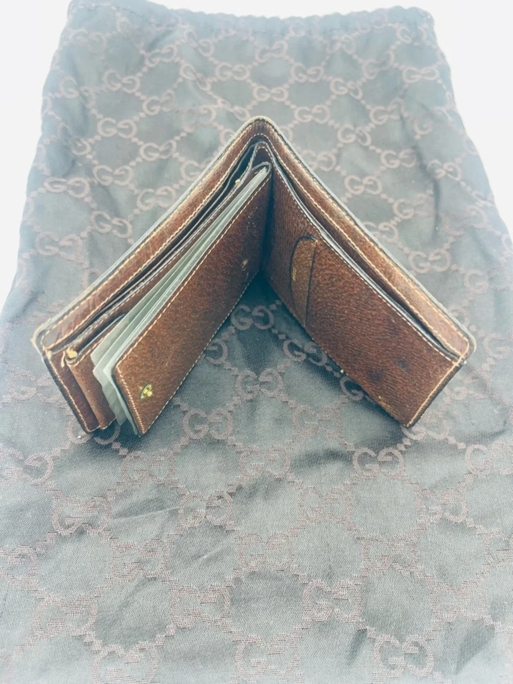 Gucci Beige Monogram Canvas Bifold Wallet with Brown Trim